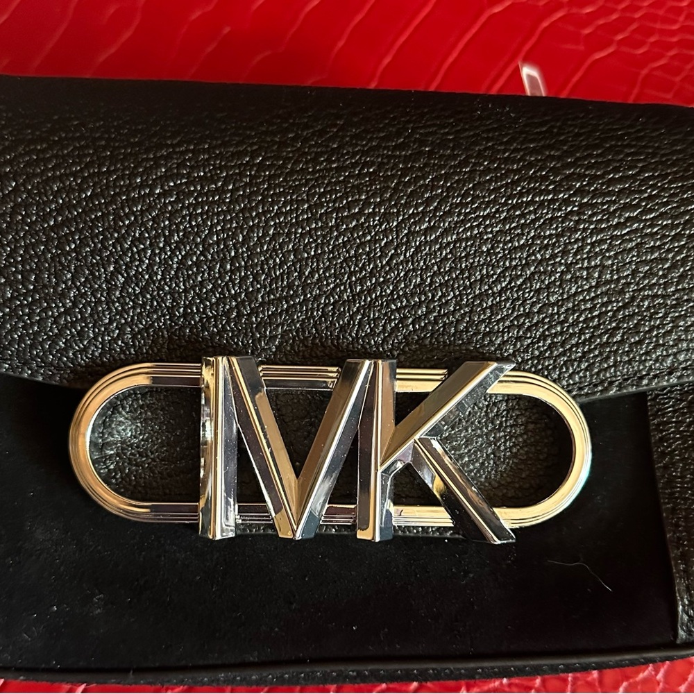 Michael Kors Genuine Leather Black Belt Bag Suede Front & Silver Emblem NWT